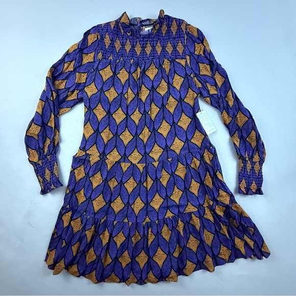 MELLODAY Dress Women’s Large Long Sleeve Mini Leaf Print Purple Orange New Tags - Picture 2 of 13